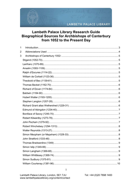 Lambeth Palace Library Research Guide Biographical Sources for Archbishops of Canterbury from 1052 to the Present Day