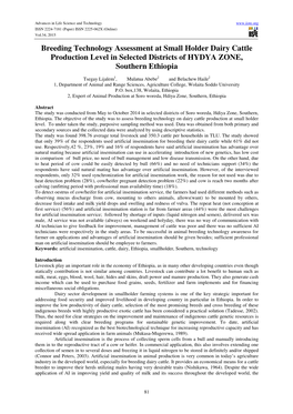 Breeding Technology Assessment at Small Holder Dairy Cattle Production Level in Selected Districts of HYDYA ZONE, Southern Ethiopia