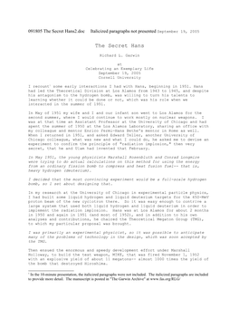 The Secret Hans2.Doc Italicized Paragraphs Not Presented September 19, 2005