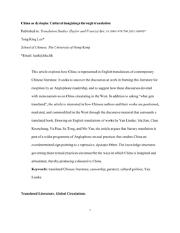 China As Dystopia: Cultural Imaginings Through Translation Published In: Translation Studies (Taylor and Francis) Doi: 10.1080/1