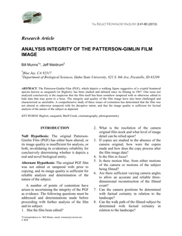 Research Article ANALYSIS INTEGRITY of the PATTERSON-GIMLIN FILM IMAGE