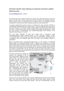 Ancient Skulls May Belong to Elusive Humans Called Denisovans by Ann Gibbons Mar