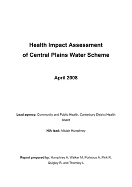 Health Impact Assessment of Central Plains Water Scheme