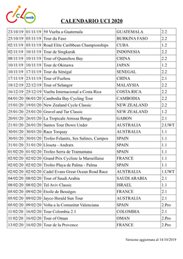 Calendario Uci 2020