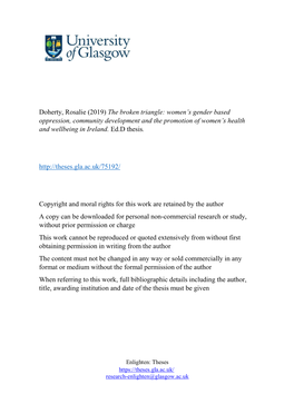 Doherty, Rosalie (2019) the Broken Triangle: Women's Gender Based Oppression, Community Development and the Promotion of Women