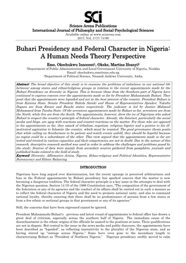 Buhari Presidency and Federal Character in Nigeria: a Human Needs Theory Perspective