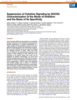 Suppression of Cytokine Signaling by SOCS3: Characterization of the Mode of Inhibition and the Basis of Its Speciﬁcity
