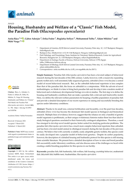 Housing, Husbandry and Welfare of a “Classic” Fish Model, the Paradise Fish (Macropodus Opercularis)