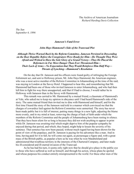 The Archive of American Journalism Richard Harding Davis Collection the Sun September 6, 1896 Jameson's Fatal Error John Hays