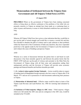 Memorandum of Settlement Between the Tripura State Government and All Tripura Tribal Force (ATTF)