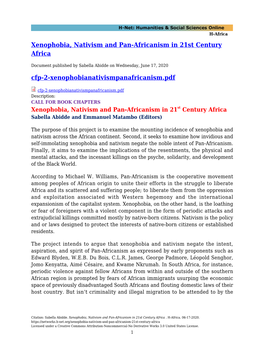 Xenophobia, Nativism and Pan-Africanism in 21St Century Africa