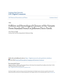 Folklore and Etymological Glossary of the Variants from Standard French in Jefferson Davis Parish