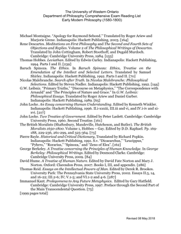 The University of Western Ontario Department of Philosophy Comprehensive Exam Reading List Early Modern Philosophy (1580-1800)