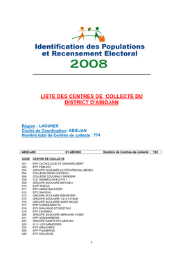 Liste Des Centres De Collecte Du District D'abidjan