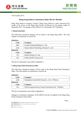 Hang Seng Indexes Announces Index Review Results