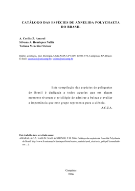 Catálogo Das Espécies De Annelida Polychaeta Do Brasil