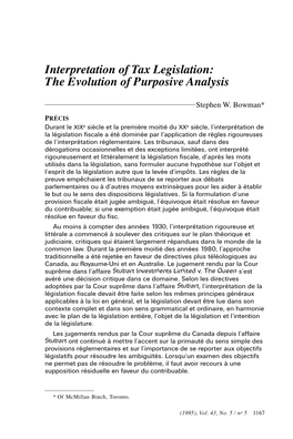 Interpretation of Tax Legislation: the Evolution of Purposive Analysis