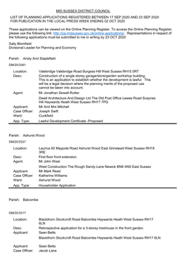 Mid Sussex District Council List of Planning Applications Registered Between 17 Sep 2020 and 23 Sep 2020 for Publication in the Local Press Week Ending 02 Oct 2020