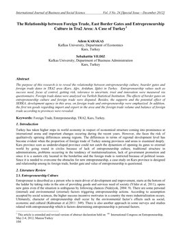 The Relationship Between Foreign Trade, East Border Gates and Entrepreneurship Culture in Tra2 Area: a Case of Turkey1