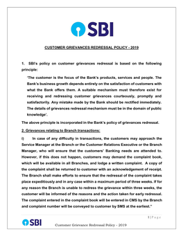 Customer Grievances Redressal Policy - 2019