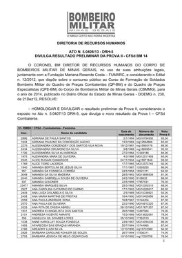 DIVULGA RESULTADO PRELIMINAR DA PROVA II - Cfsd BM 14