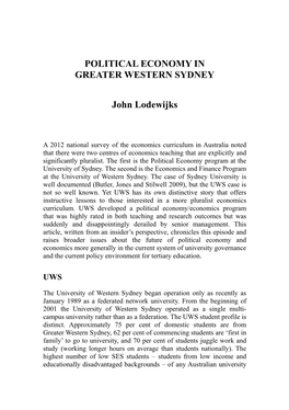 POLITICAL ECONOMY in GREATER WESTERN SYDNEY John Lodewijks