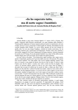 «Io Ho Superato Tutto, Ma Di Notte Sogno I Bambini» Analisi Dell’Intervista Ad Antonia Bruha Di Regina Fritz1