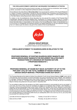 Airasia Group Berhad Circular/Statement to Shareholders in Relation to the Part A: Proposed Renewal of Existing Shareholders'