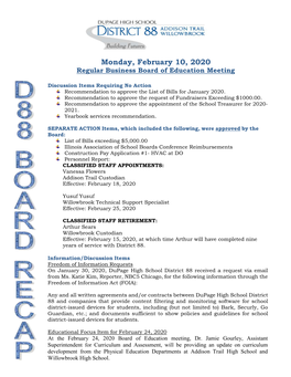 Monday, February 10, 2020 Regular Business Board of Education Meeting