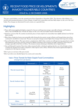 Recent Food Price Developments in Most Vulnerable Countries