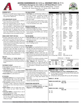 LHP Madison Bumgarner (2-0, 3.00) Vs. LHP Wade Miley (0-1, 8.31) Fri., March 26, 2021 · Salt River Fields at Talking Stick · 1:10 P.M