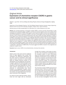 Original Article Expression of Chemokine Receptor CXCR5 in Gastric Cancer and Its Clinical Significance