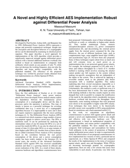 A Novel and Highly Efficient AES Implementation Robust Against Differential Power Analysis Massoud Masoumi K