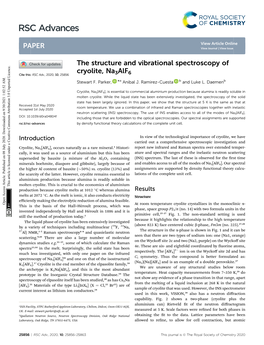 The Structure and Vibrational Spectroscopy of Cryolite, Na3alf6 Cite This: RSC Adv., 2020, 10, 25856 Stewart F