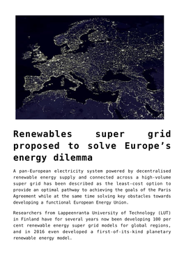 Renewables Super Grid Proposed to Solve Europe's Energy Dilemma