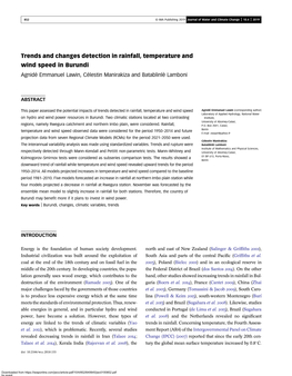 Trends and Changes Detection in Rainfall, Temperature and Wind Speed in Burundi Agnidé Emmanuel Lawin, Célestin Manirakiza and Batablinlè Lamboni