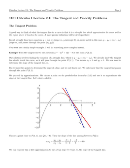 1101 Calculus I Lecture 2.1: the Tangent and Velocity Problems
