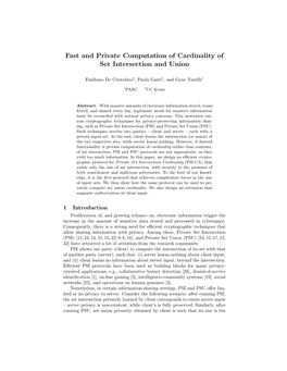 Fast and Private Computation of Cardinality of Set Intersection and Union