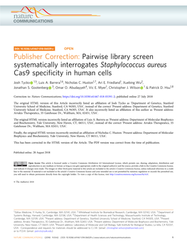 Publisher Correction: Pairwise Library Screen Systematically Interrogates Staphylococcus Aureus Cas9 Speciﬁcity in Human Cells