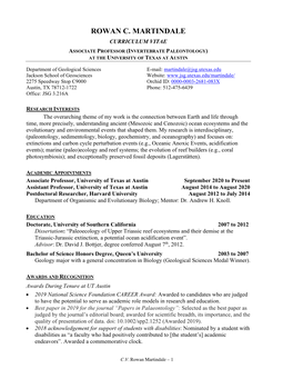 Rowan C. Martindale Curriculum Vitae Associate Professor (Invertebrate Paleontology) at the University of Texas at Austin