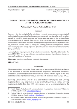 Tendencies Related to the Production of Raspberries in the Republic of Serbia