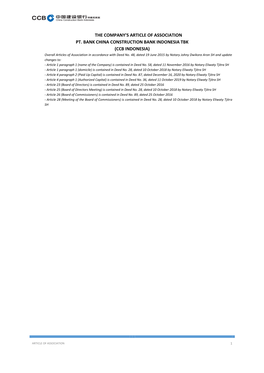 THE COMPANY's ARTICLE of ASSOCIATION PT. BANK CHINA CONSTRUCTION BANK INDONESIA TBK (CCB INDONESIA) Overall Articles of Association in Accordance with Deed No