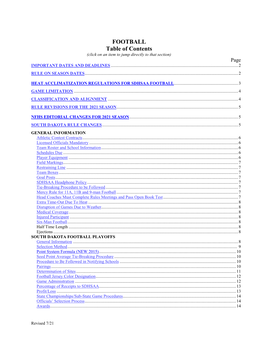 FOOTBALL Table of Contents (Click on an Item to Jump Directly to That Section) Page IMPORTANT DATES and DEADLINES