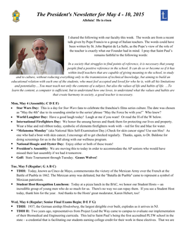 The President's Newsletter for May 4 - 10, 2015 Alleluia! He Is Risen