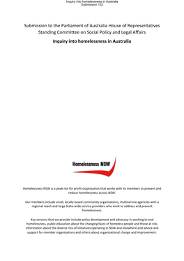 Submission to the Parliament of Australia House of Representatives Standing Committee on Social Policy and Legal Affairs Inquiry Into Homelessness in Australia