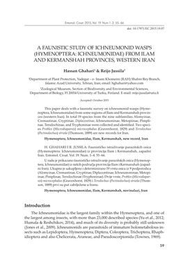 (Hymenoptera: Ichneumonidae) from ILAM and KERMANSHAH PROVINCES, WESTERN IRAN