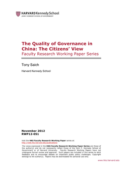 The Quality of Governance in China: the Citizens' View