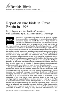 Report on Rare Birds in Great Britain in 1996 M