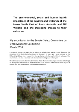 The Environmental, Social and Human Health Importance of the Aquifers and Wetlands of the Lower South East of South Australia An