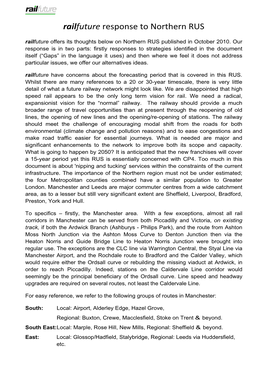 Railfuture Response to Northern RUS Railfuture Offers Its Thoughts Below on Northern RUS Published in October 2010